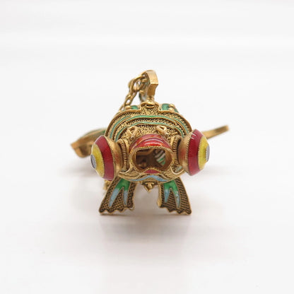 925 Sterling Silver Gold Plated Enamel Antique Chinese Koi Fish Chatelaine Fob