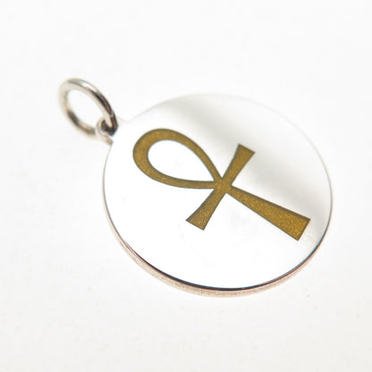 925 Sterling Silver Mustard Enamel Egyptian Ankh Round Tag Mini Charm Pendant