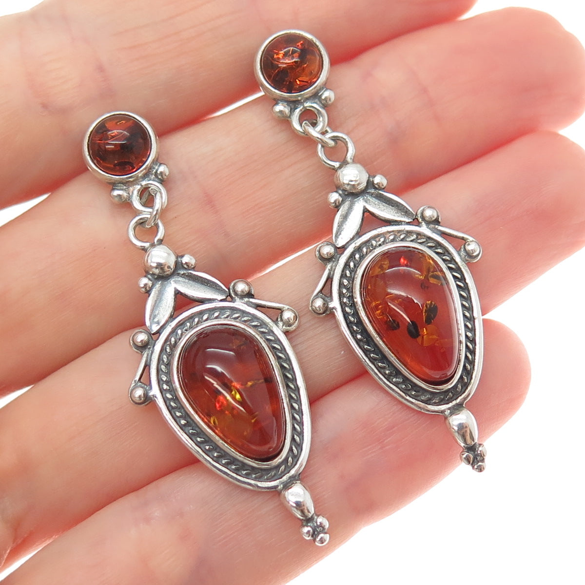 925 Sterling Silver Vintage Real Amber Modernist Floral Oxidized Dangle Earrings