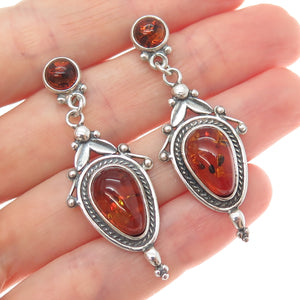 925 Sterling Silver Vintage Real Amber Modernist Floral Oxidized Dangle Earrings