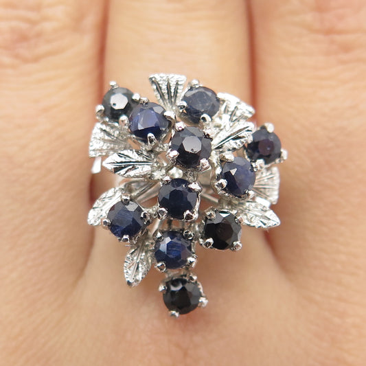 925 Sterling Silver Vintage Real Round-Cut Sapphire Floral Ring Size 7.75