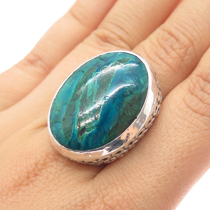 925 Sterling Silver Vintage Real Azurite Modernist Adjustable Ring Size 7.75