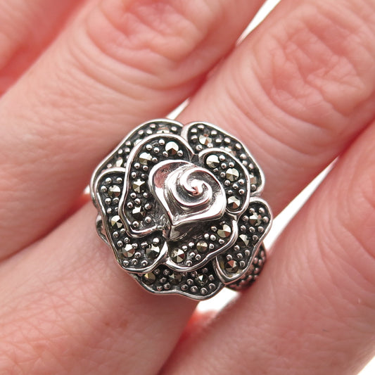 925 Sterling Silver Vintage Real Marcasite Rose Flower Oxidized Ring Size 8