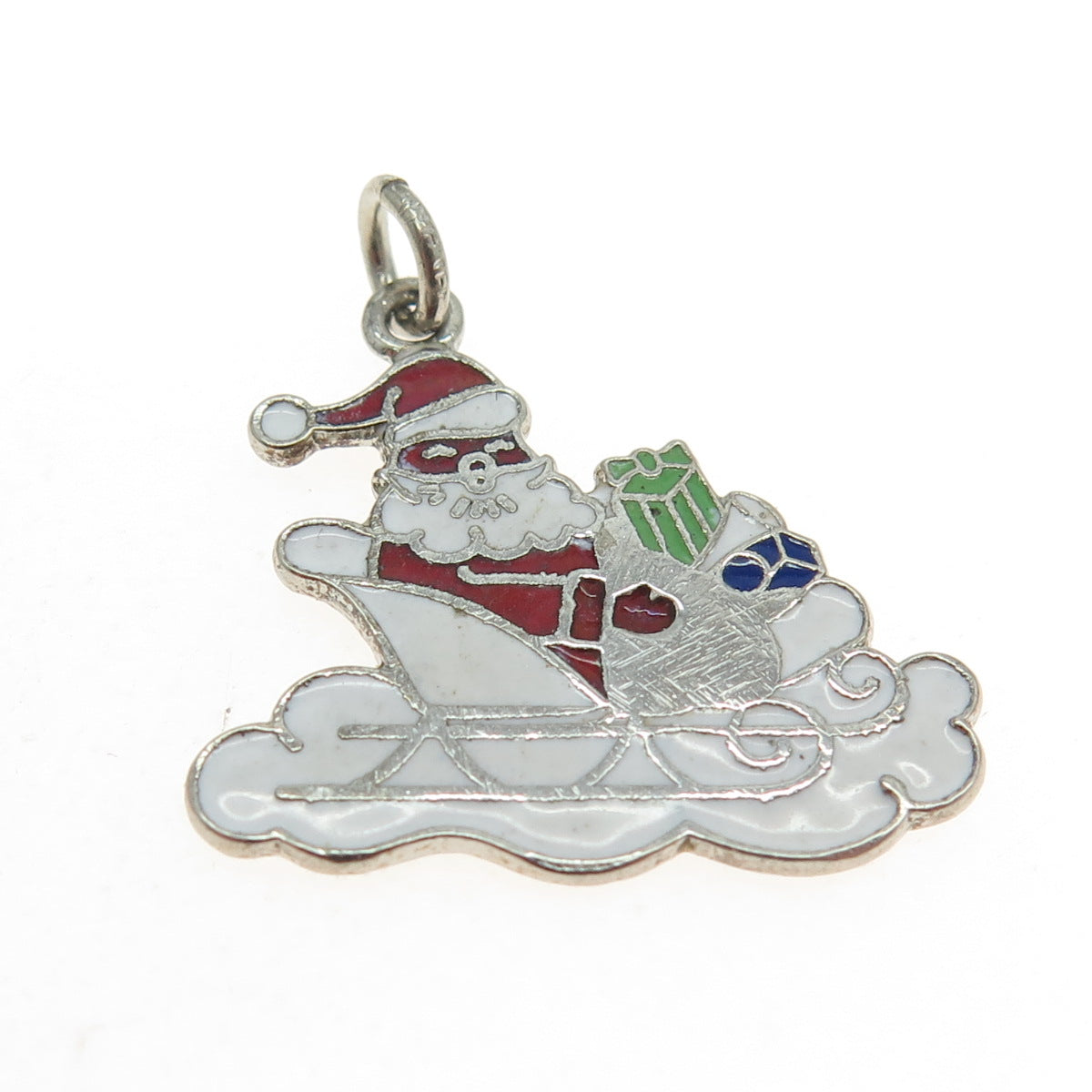 925 Sterling Silver Antique Art Deco Colorful Enamel Santa in a Sleigh Pendant