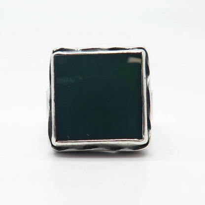 925 Sterling Silver Vintage Real Green Onyx Square Adjustable Ring Size 10.25
