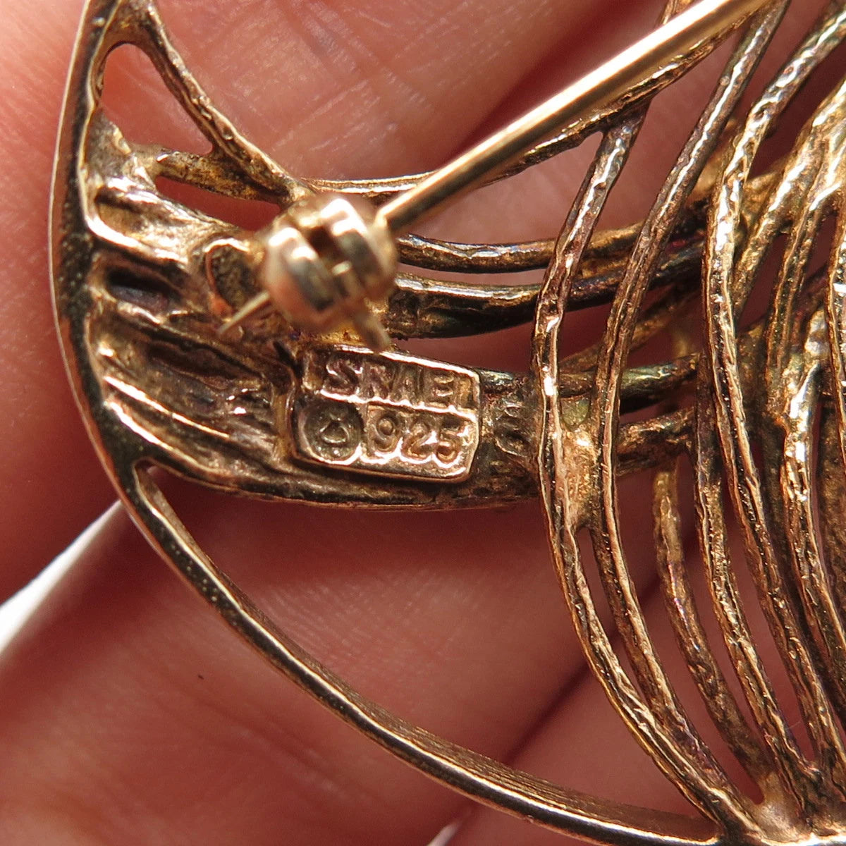 925 Sterling Silver Gold Plated Vintage Oval Modernist Pin Brooch