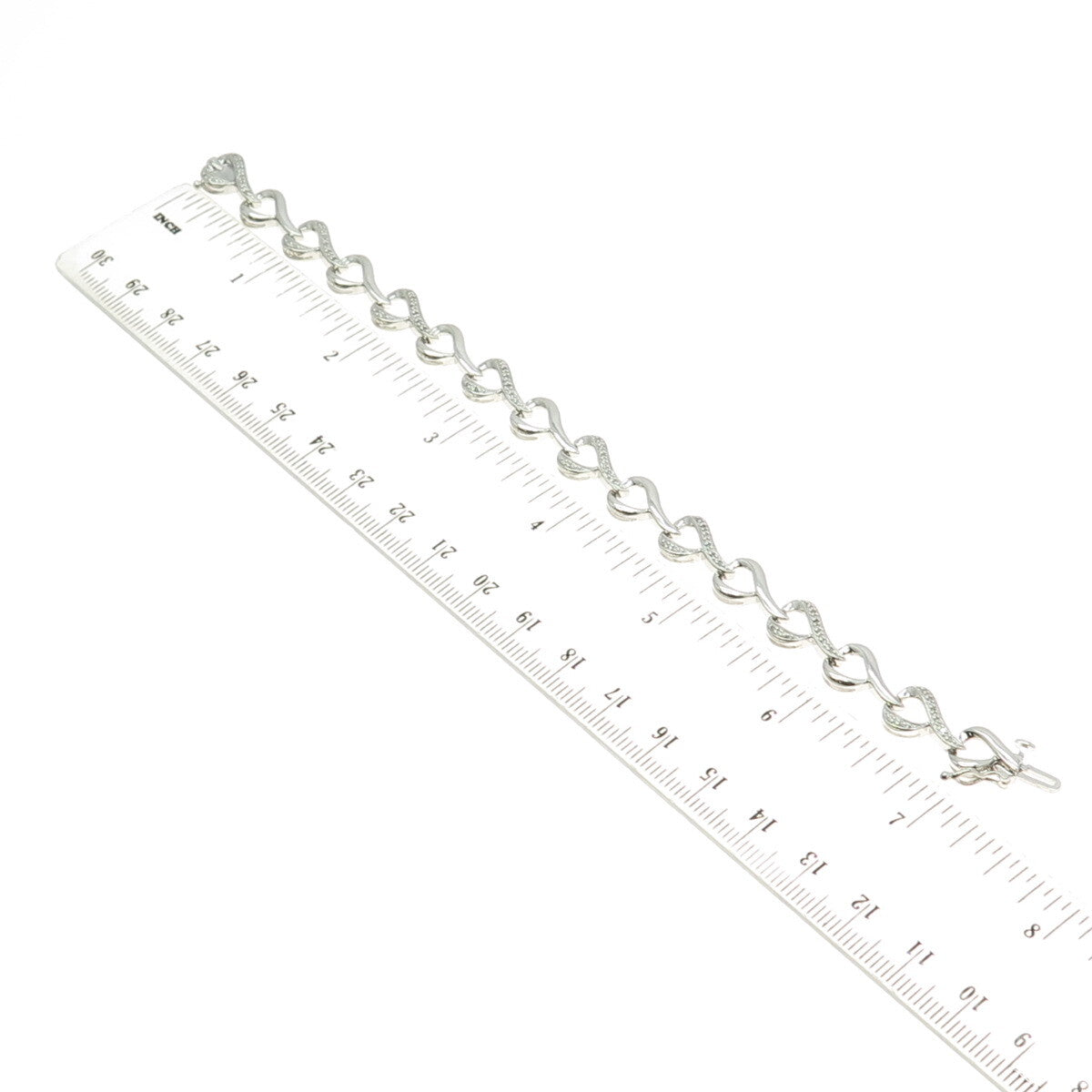 SUN 925 Sterling Silver Real Round-Cut White Diamond Heart Link Bracelet 7.25"