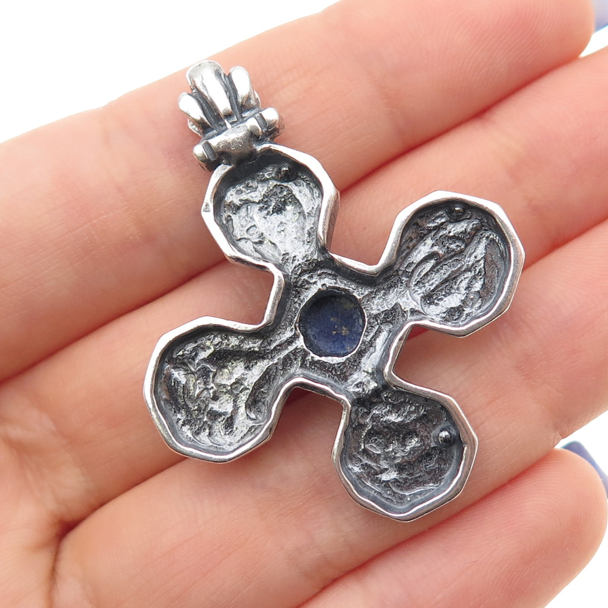 925 Sterling Silver Vintage Real Lapis Lazuli Cross Oxidized Pendant