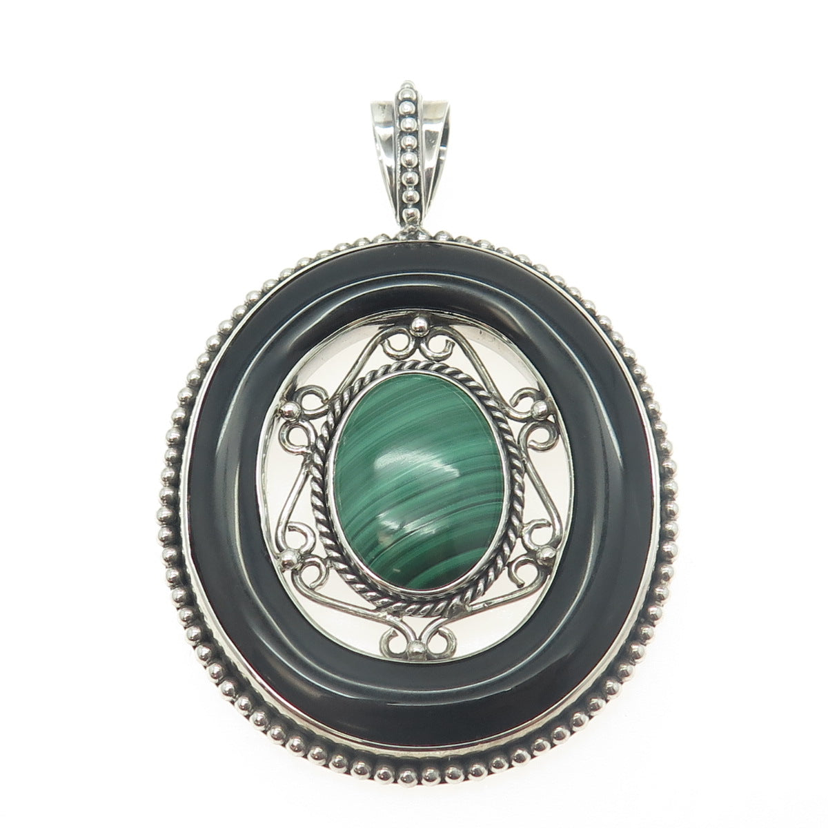 MERAV 925 Sterling Silver Vintage Real Black Onyx & Malachite Oval Pendant