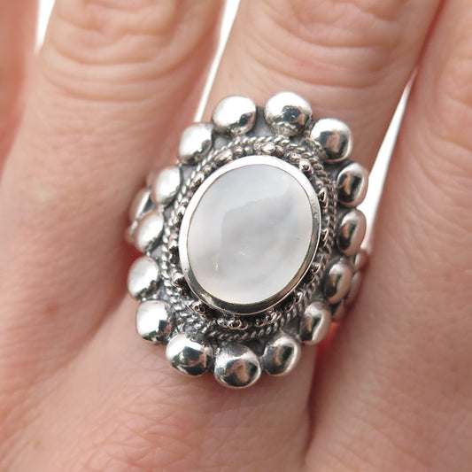 925 Sterling Silver Vintage Real MOP Beaded Oxidized Ring Size 8.5