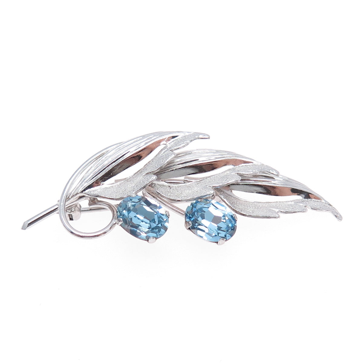 TRU-KAY Sterling Silver Antique Art Deco Blue Rhinestone Floral Leaf Pin Brooch
