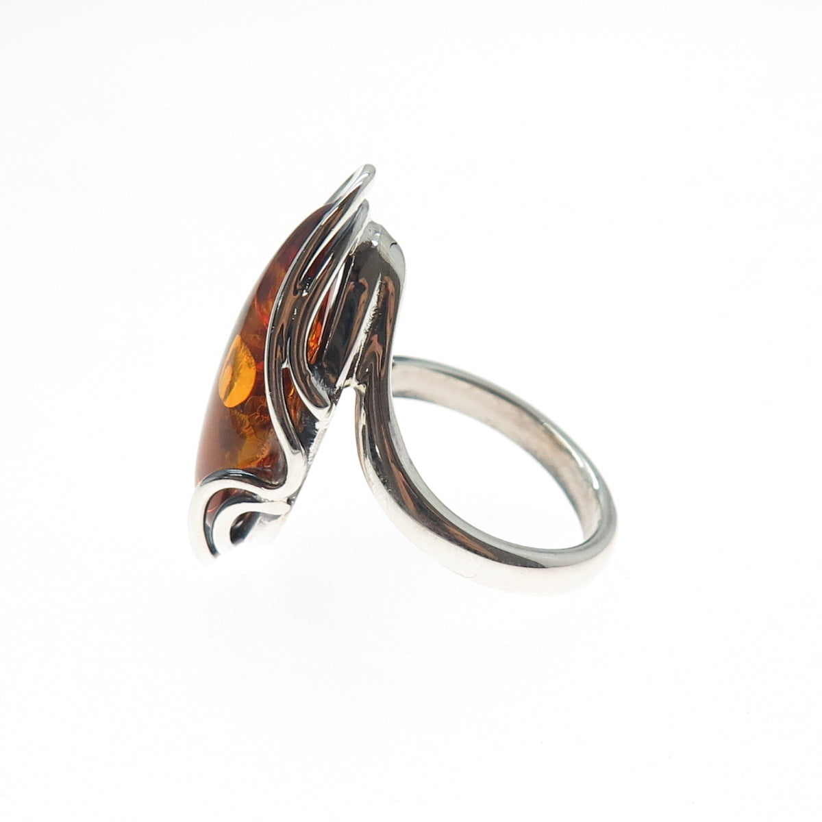 925 Sterling Silver Vintage Real Amber Modernist Adjustable Ring Size 8.75