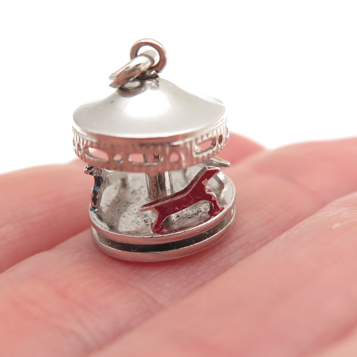 925 Sterling Silver Antique Art Deco Enamel Carousel Movable 3D Mini Pendant
