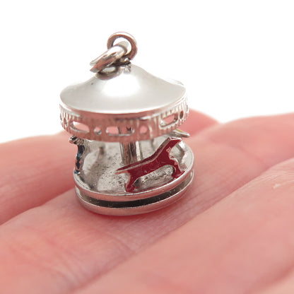 925 Sterling Silver Antique Art Deco Enamel Carousel Movable 3D Mini Pendant