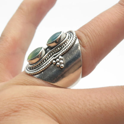 925 Sterling Silver Vintage Real Green Chalcedony Gemstone Ethnic Ring Size 5.5