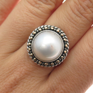 ROBERT MANSE 925 Sterling Silver 18K Gold Vintage Real Pearl Ring Size 8.75