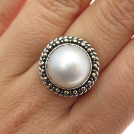 ROBERT MANSE 925 Sterling Silver 18K Gold Vintage Real Pearl Ring Size 8.75