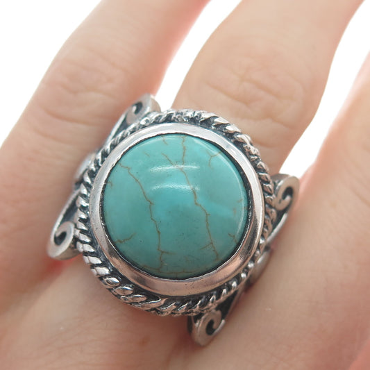 925 Sterling Silver Vintage Real Lone Mountain Turquoise Oxidized Ring Size 9.75