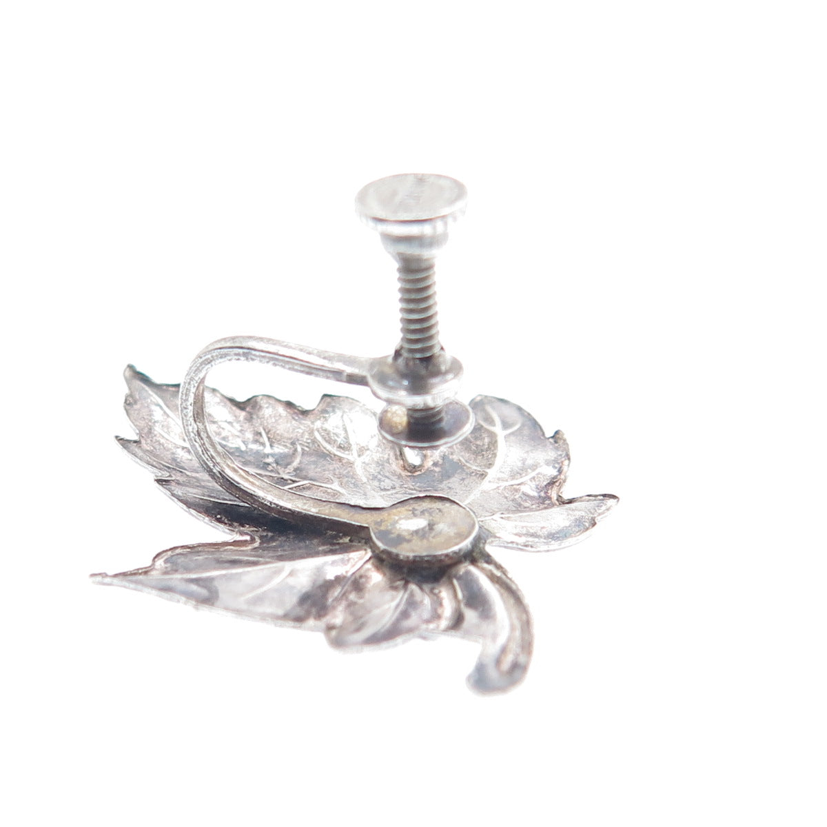 925 Sterling Silver Antique Art Deco Maple Leaf Oxidized Screw Back Earrings