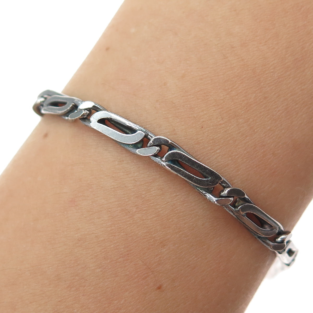 925 Sterling Silver Vintage Modernist Paperclip Link Oxidized Bracelet 7.25"