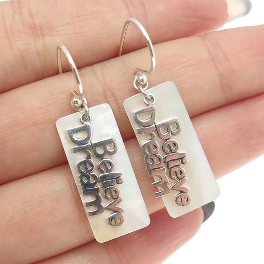 925 Sterling Silver Real Mother-of-Pearl "Believe Dream" Dangling Earrings