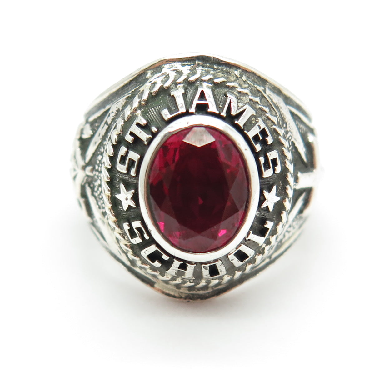 925 Sterling Silver Vintage 1976 Lab-Created Ruby St James School Ring Size 6.25