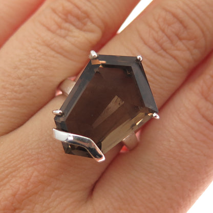 925 Sterling Silver Vintage Real Smoky Quartz Modernist Ring Size 7
