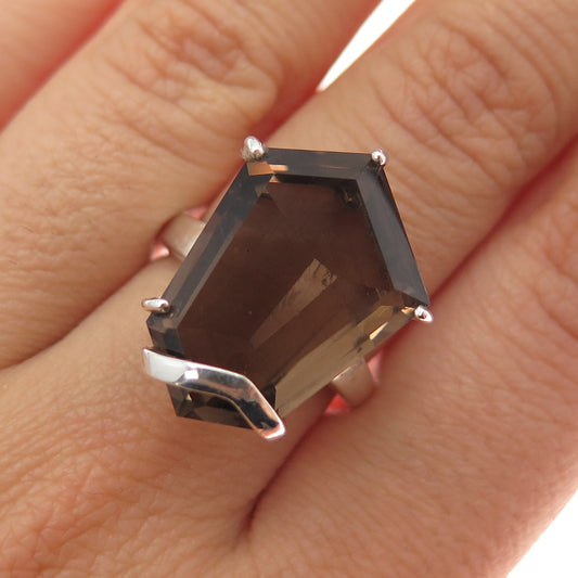 925 Sterling Silver Vintage Real Smoky Quartz Modernist Ring Size 7