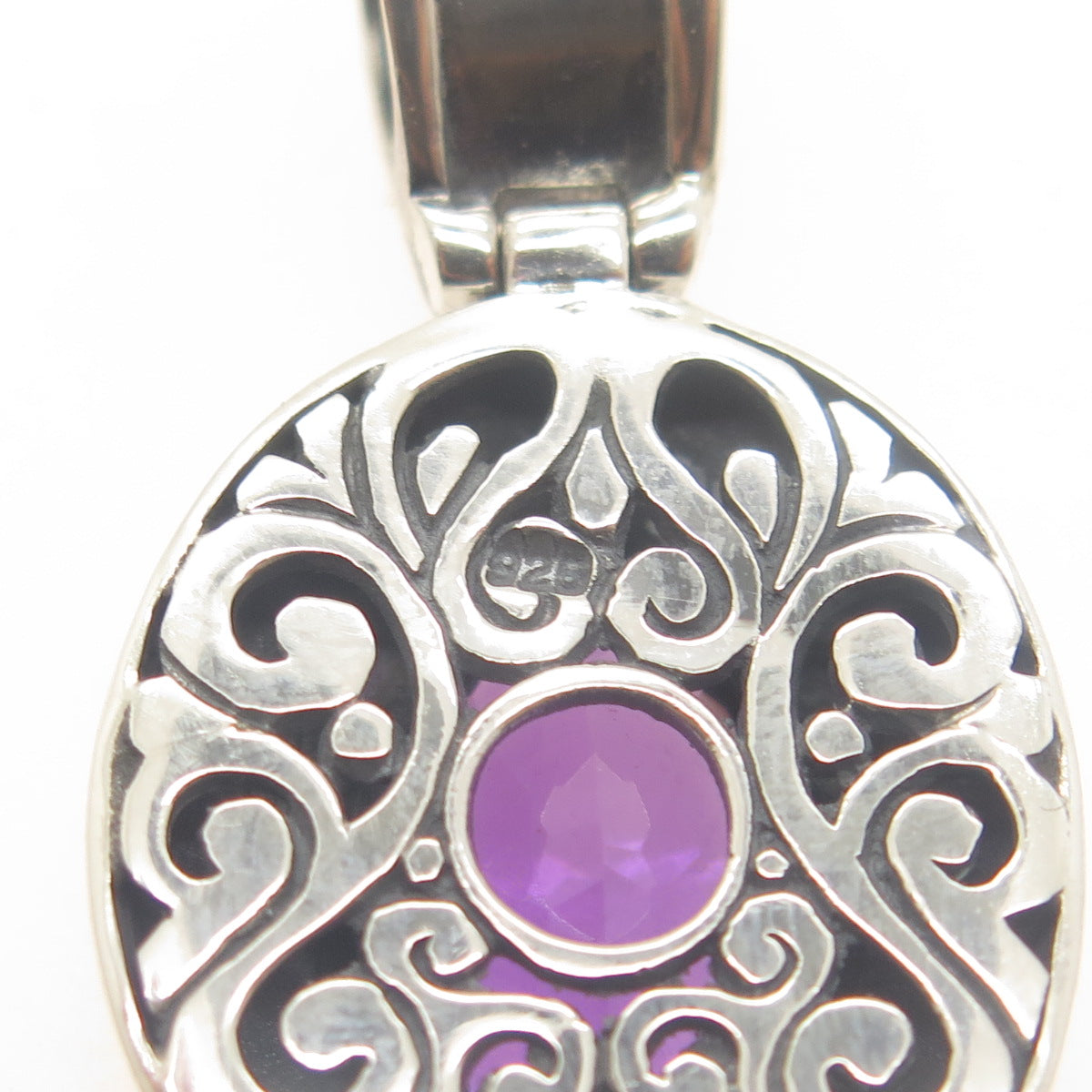 925 Sterling Silver Vintage Real Amethyst Floral Ornate Oxidized Pendant