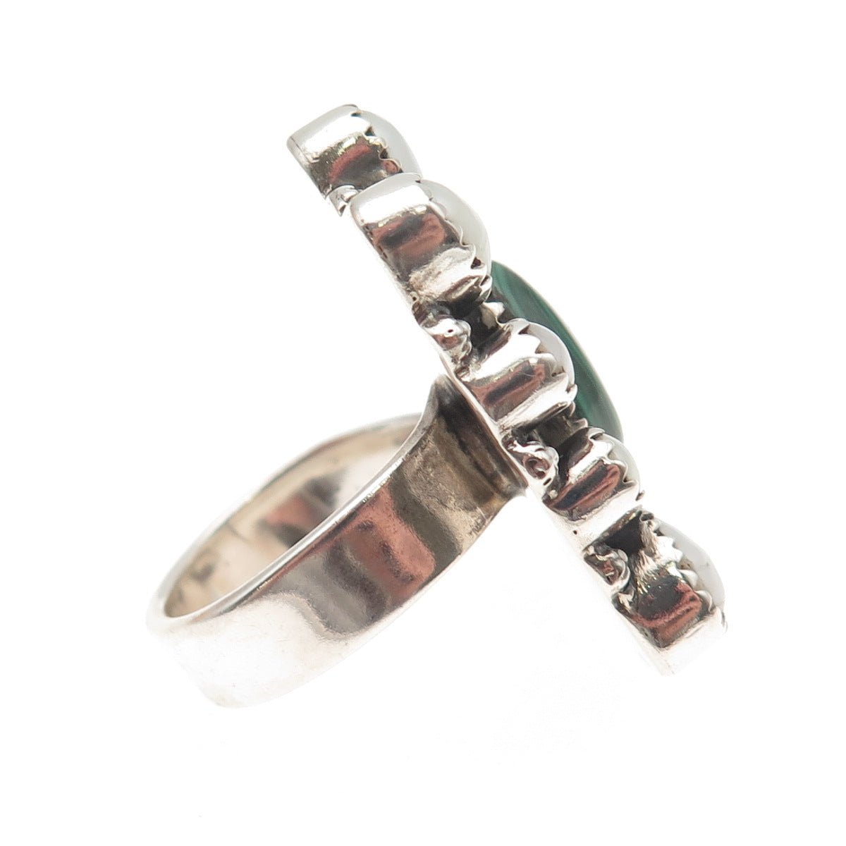 925 Sterling Silver Vintage Real Malachite & Pearl Statement Ring Size 9