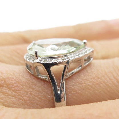 DSMK 925 Sterling Silver Diamond & Pear-Cut Green Amethyst Gem Ring Size 7.25