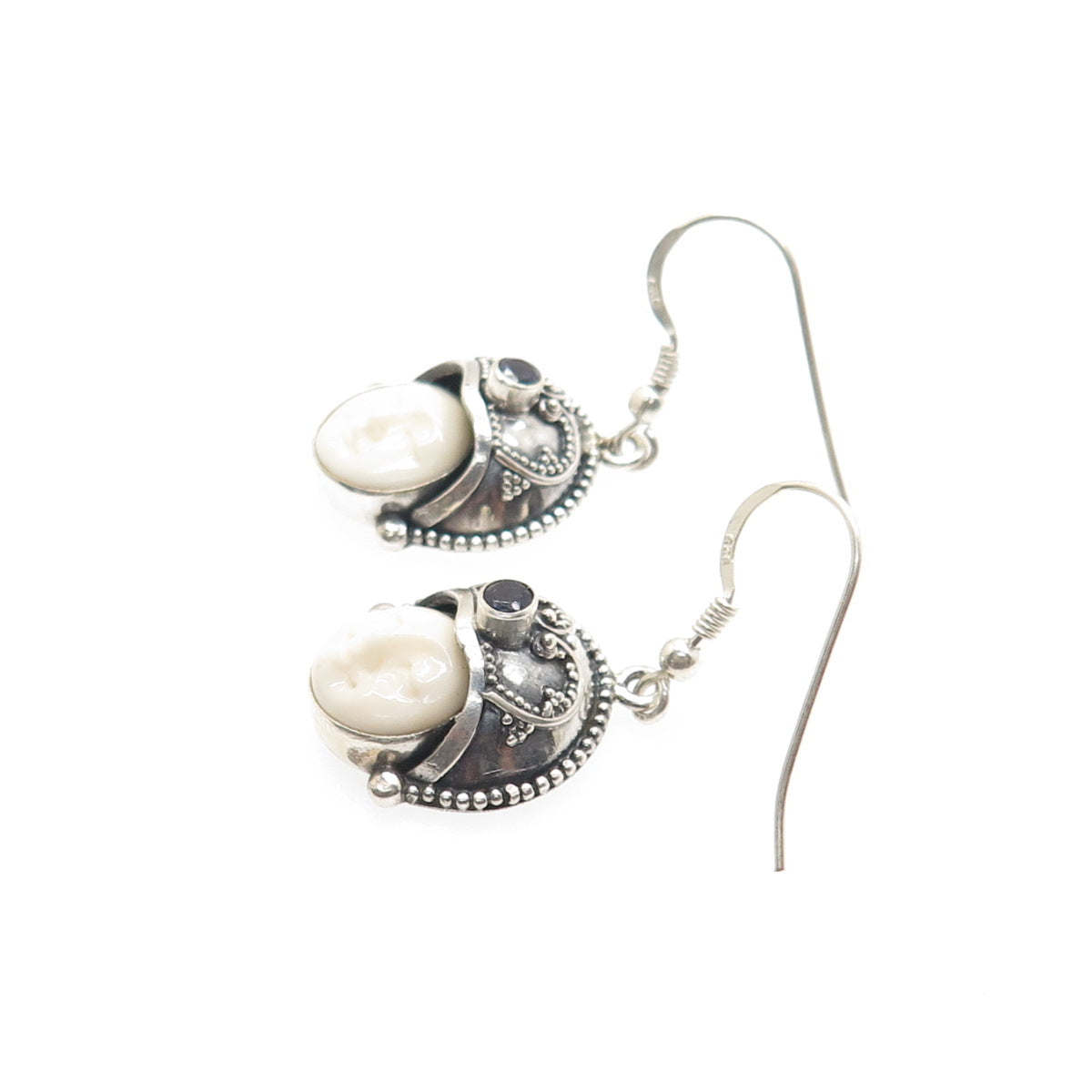 925 Sterling Silver Vintage Real White Onyx & Iolite Moon Face Dangle Earrings