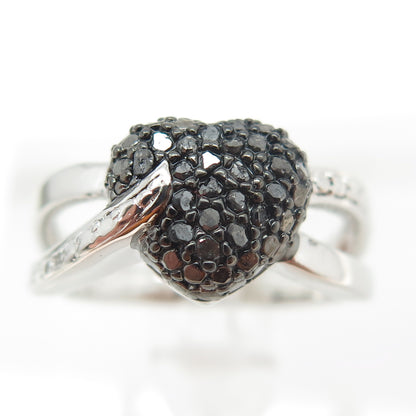 925 Sterling Silver Real Round-Cut Black Diamond Heart Ring Size 7.75