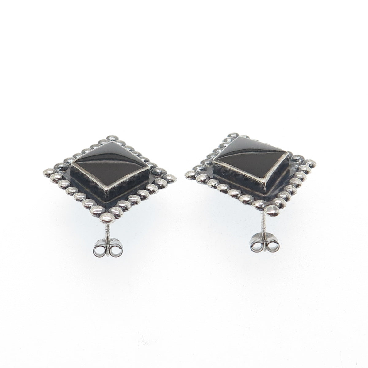 CHAPAL ZENRAY Sterling Silver Vintage Real Black Onyx Beaded Oxidized Earrings