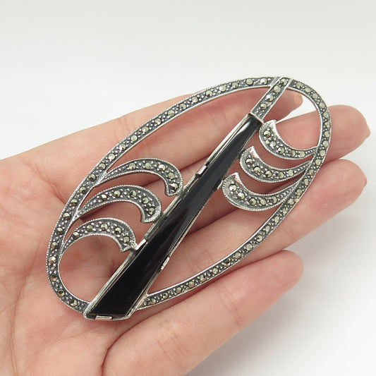 925 Sterling Silver Vintage Real Black Onyx & Marcasite Art Deco Style Brooch
