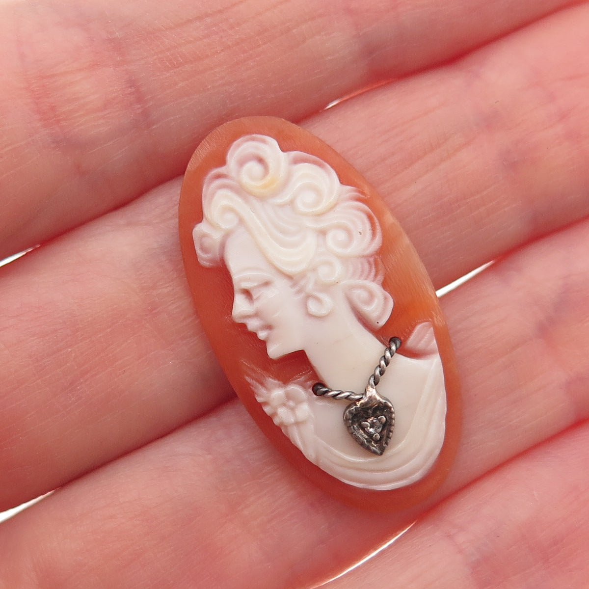 925 Sterling Silver Antique Art Deco Real Diamond Accent & MOP Lady Cameo