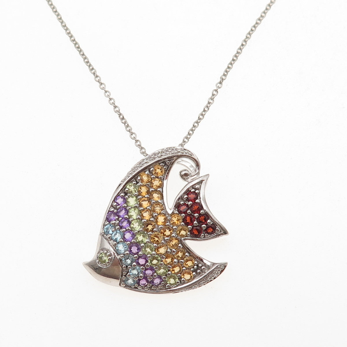 925 Sterling Silver Real Diamond & Multi-Gem Angelfish Cable Chain Necklace 18"