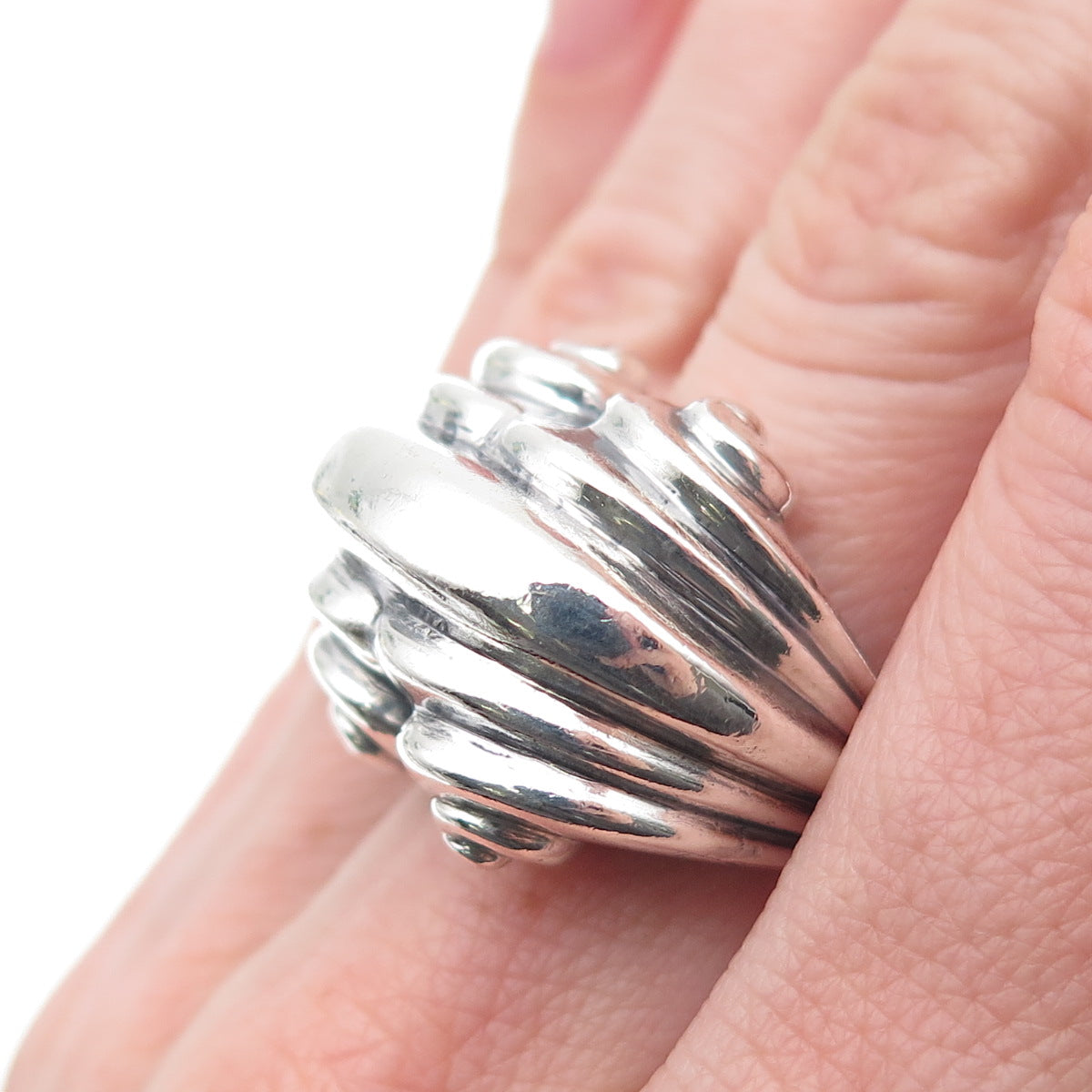 925 Sterling Silver Vintage Modernist Ribbed Oxidized Statement Ring Size 6