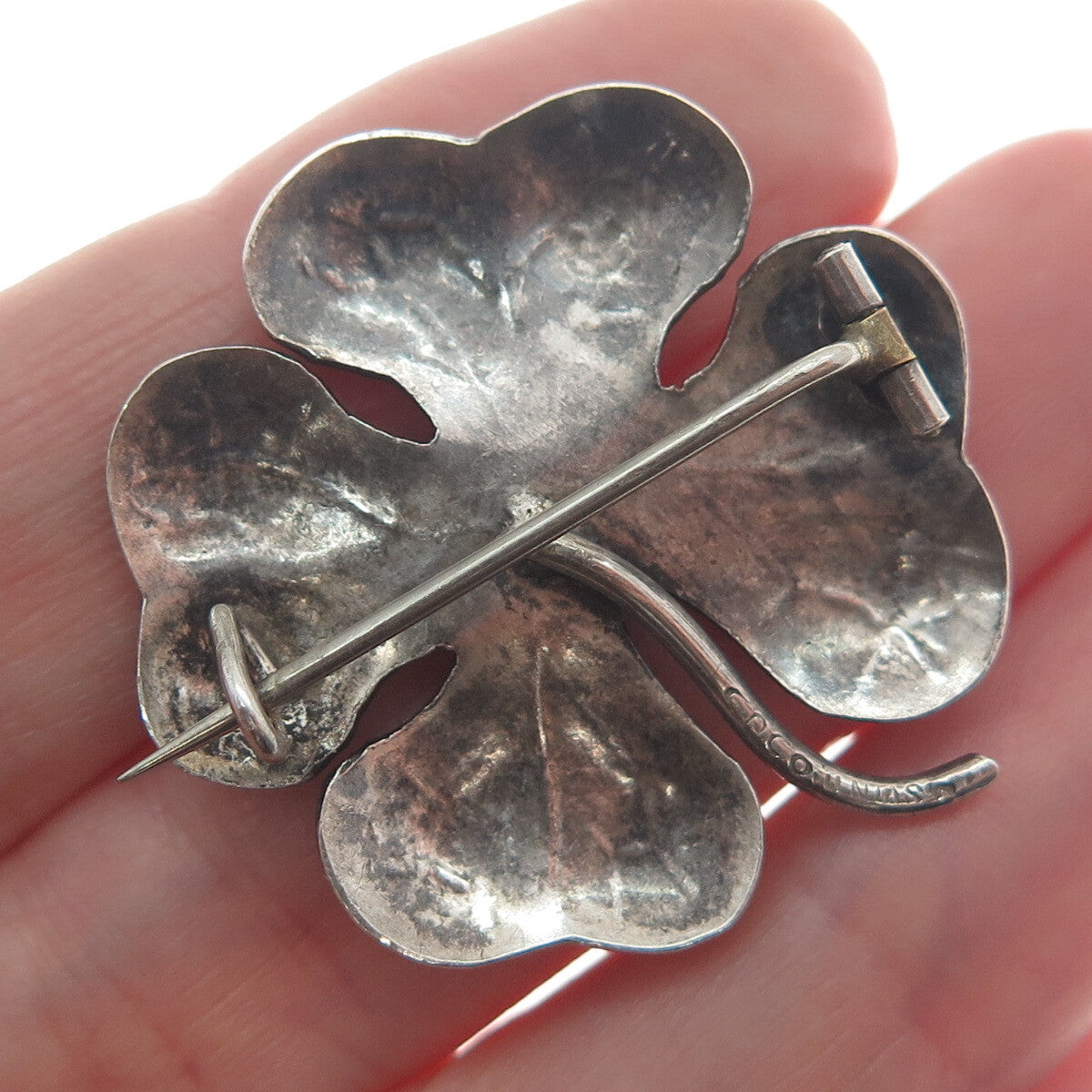 J. SVIN 925 Sterling Silver Antique Clover for Good Luck Oxidized Pin Brooch