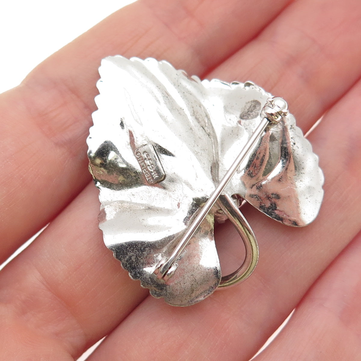 CARL ART 925 Sterling Silver Vintage Real Tahitian Pearl Floral Leaf Pin Brooch
