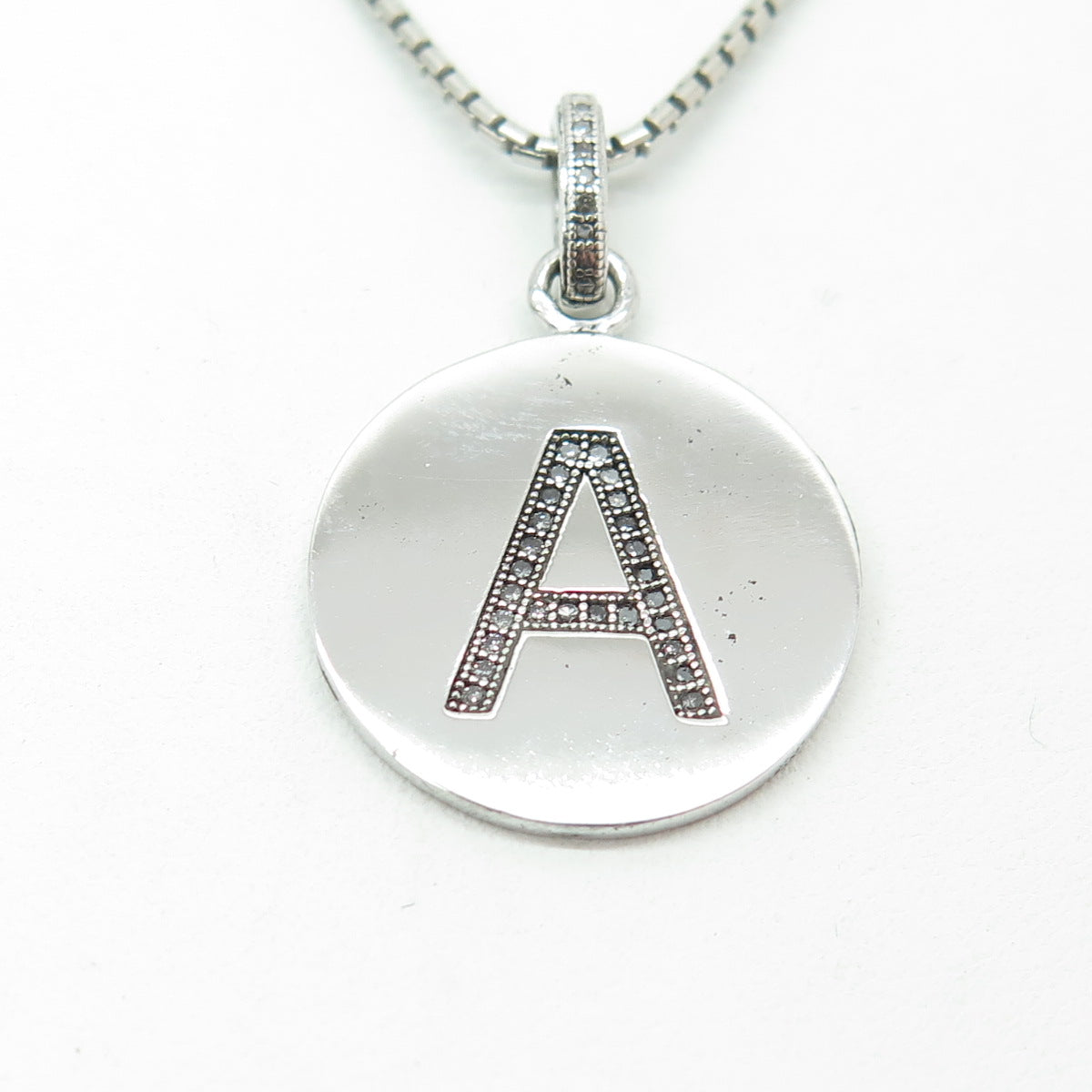 925 Sterling Silver Real Diamond Letter "A" Tag Round Box Chain Necklace 18"