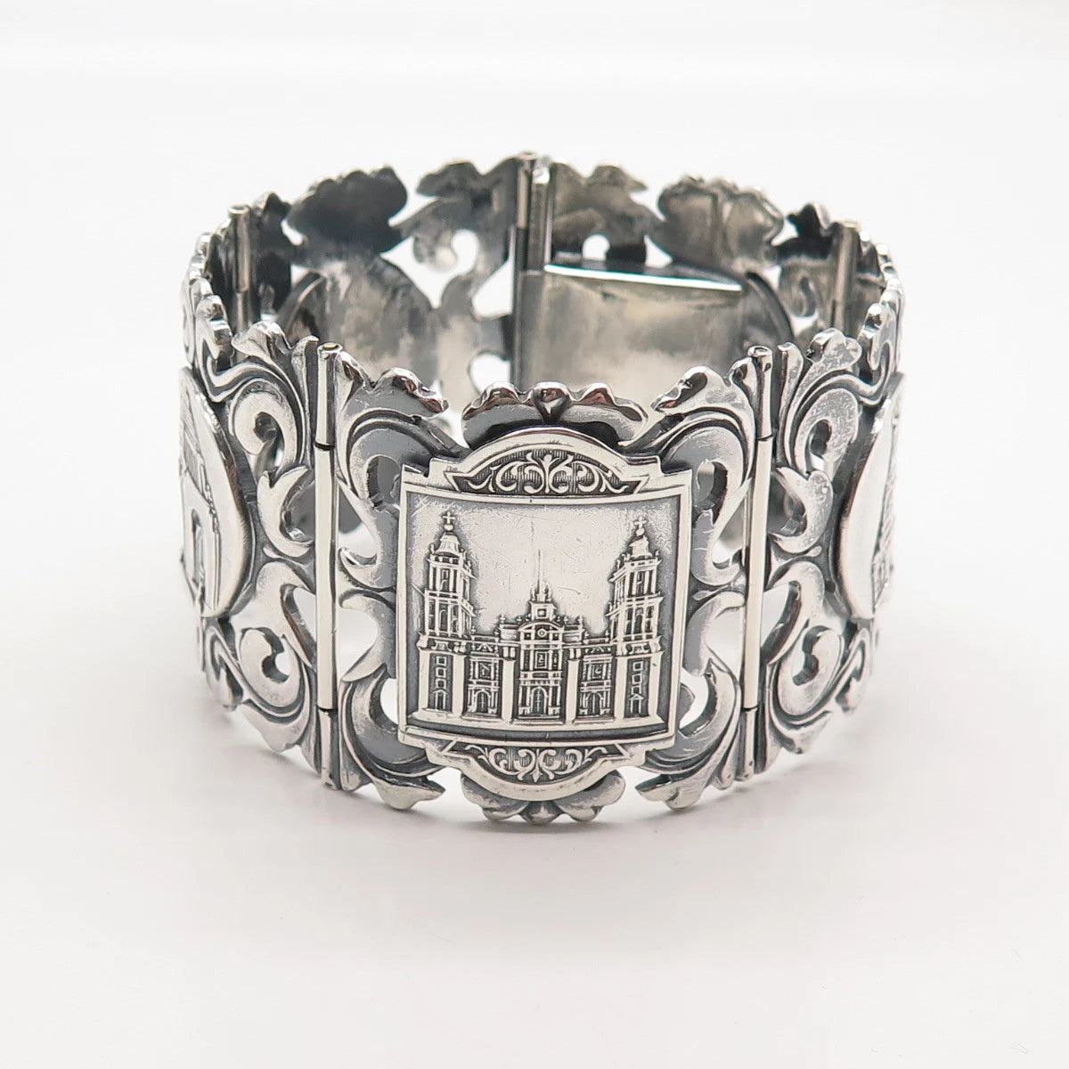 925 Sterling Silver Vintage Mexico Orante Wide Panel Link Bracelet 7.75"