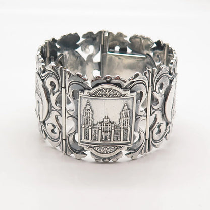 925 Sterling Silver Vintage Mexico Orante Wide Panel Link Bracelet 7.75"