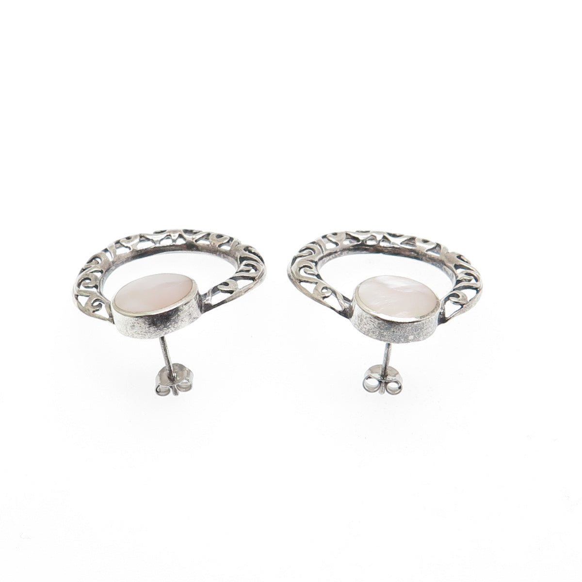925 Sterling Silver Vintage Real MOP Door Knocker Ornate Oxidized Earrings