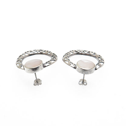 925 Sterling Silver Vintage Real MOP Door Knocker Ornate Oxidized Earrings