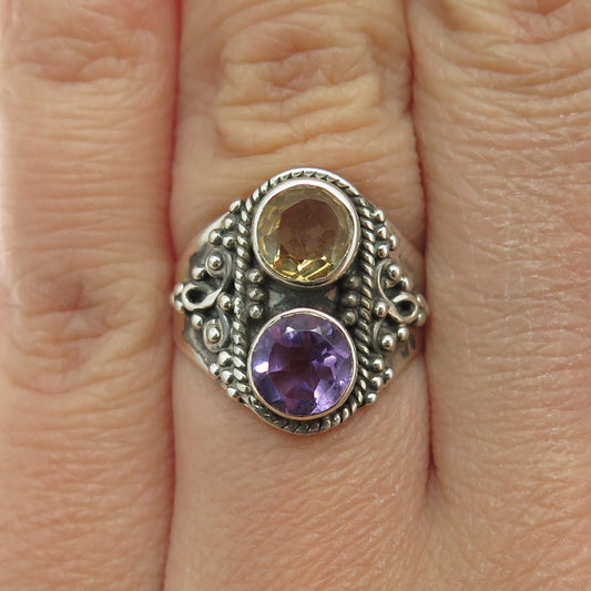 925 Sterling Silver Vintage Real Amethyst & Citrine Oxidized Ring Size 6.25