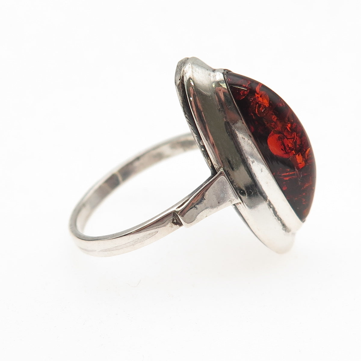 830 Silver Vintage Real Amber Modernist Oxidized Ring Size 7