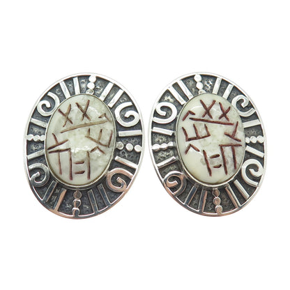 ZEALANDIA 925 Sterling Silver Vintage Real Carved Jasper Ethnic Symbols Earrings