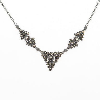 925 Sterling Antique Art Deco Real Marcasite Floral Necklace 18" (missing stone)