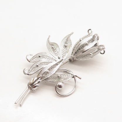 925 Sterling Silver CFG Vintage Filigree Tulip Floral Pin Brooch